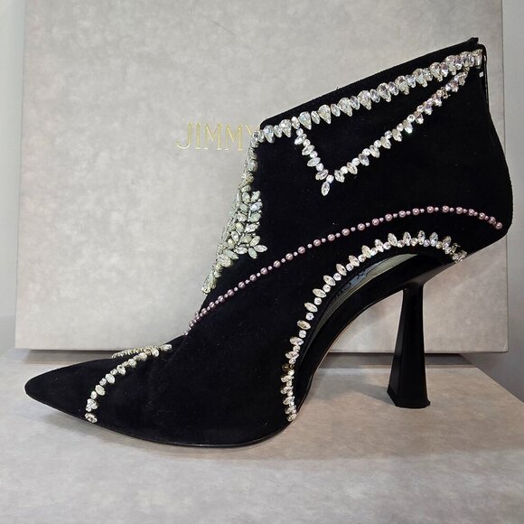 JIMMY CHOO Kendrix 100 - Suede Booties with Embroidery Black/White - Picture 6 of 15